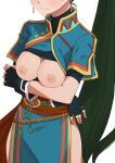  1girl black_gloves blue_dress breasts breasts_out cleavage commentary_request dress earrings fingerless_gloves fire_emblem gloves green_hair head_out_of_frame high_ponytail highres jewelry large_breasts long_hair lyn_(fire_emblem) morisobo nipples no_bra paid_reward_available pelvic_curtain ponytail simple_background solo very_long_hair white_background 