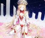  1girl blonde_hair bracelet breasts cleavage column crown europa_(fate) fate/grand_order fate_(series) highres jewelry kneeling long_hair navel pillar pink_eyes red_nails thighhighs uda_(xax_057) very_long_hair 