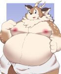  2023 anthro belly big_belly brown_body deer hi_res kazusa kemono kusosensei male mammal moobs nipples overweight overweight_male simple_background solo tamacolle towel 