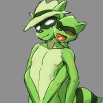  1:1 2019 anthro clothing duo embrace eyes_closed fur green_body green_fur grey_background happy_tree_friends headgear headgear_only headwear headwear_only hi_res hug male mammal mostly_nude nipples nude open_mouth procyonid rabbittakahashi raccoon simple_background tail 