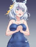  1girl bare_shoulders blue_eyes blue_one-piece_swimsuit blush breasts cleavage commentary_request competition_school_swimsuit ear_covers ear_ornament gloom_(expression) gradient_background grey_hair highres hishi_miracle_(umamusume) horse_girl kusaba_(kusabashiki) looking_to_the_side one-piece_swimsuit open_mouth partial_commentary school_swimsuit solo swimsuit tracen_swimsuit trembling umamusume 