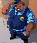  2023 absurd_res anthro bottomwear brown_body clothing detailed_background hat headgear headwear hi_res humanoid_hands japanese_text kemono male mammal outside overweight overweight_male pants police police_badge police_hat police_officer police_uniform sankara0290 shirt solo suid suina sus_(pig) text topwear uniform wild_boar 