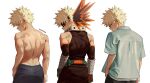  1boy bakugou_katsuki belt blonde_hair boku_no_hero_academia collared_shirt detached_sleeves eye_mask from_behind gloves green_gloves male_focus red_eyes scar shirt short_hair solo spiked_hair sunglasses superhero topless_male white_background white_shirt yeol2510 