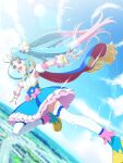 1girl blue_eyes blurry blurry_background cape cure_sky detached_sleeves dutch_angle fingerless_gloves floating flying full_body gloves gradient_hair head_wings highres hirogaru_sky!_precure long_hair magical_girl multicolored_hair multiple_girls open_mouth precure puffy_detached_sleeves puffy_sleeves sky solo sora_harewataru teeth thighhighs tj-type1 twintails two-sided_cape two-sided_fabric two-tone_hair upper_teeth_only very_long_hair white_gloves white_thighhighs wings 