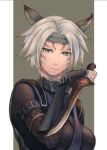  1girl absurdres animal_ear_fluff animal_ears arm_guards avatar_(ff11) blue_eyes breasts cactus41747280 cat_ears cat_girl closed_mouth dagger facial_mark final_fantasy final_fantasy_xi fishnets grey_hair hair_intakes hand_up highres holding holding_dagger holding_knife holding_weapon knife looking_at_viewer medium_breasts mithra_(ff11) ninja ninja_(final_fantasy) no_eyebrows short_hair solo upper_body weapon whisker_markings 