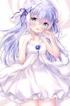  1girl aliasing amedamacon bed_sheet blue_eyes blue_hair comiket_102 dakimakura_(medium) dress gochuumon_wa_usagi_desu_ka? hair_ornament hair_ribbon highres kafuu_chino long_hair lying on_back ribbon sleeveless sleeveless_dress solo white_dress x_hair_ornament 