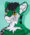  anthro arm_markings black_body black_fur black_hair camo chest_tuft dragon fangs fluffy fur green_body green_fur hair horn inner_ear_fluff kodiak3d male markings milo_(kodiak3d) neutral_expression shoulder_markings simple_background solo teeth tuft white_body white_fur yellow_eyes 