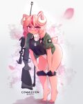  &lt;3 &lt;3_eyes 2023 4:5 absurd_res anthro barefoot black_clothing black_shirt black_topwear blush bodily_fluids bottomwear breasts clothing digital_media_(artwork) dog_tags feet female fur green_clothing green_jacket green_topwear gun hair hi_res horn jacket kabatsu looking_at_viewer mammal navel neck_tuft pink_eyes pink_hair ranged_weapon rifle shirt shorts simple_background solo standing sweat tail topwear tuft underwear undressing weapon 