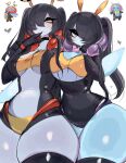  2girls antennae black_hair black_thighhighs blue_eyes blue_skin breasts colored_skin cowboy_shot hair_over_one_eye highres illumise large_breasts long_hair multiple_girls personification pokemon pokemon_(creature) simple_background thick_thighs thighhighs thighs twintails two_side_up usa37107692 volbeat white_background yellow_eyes 