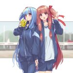  2girls blue_hair blue_jacket blue_pants blue_shorts blurry blurry_background blush collarbone commentary_request cowboy_shot drinking gym_shorts gym_uniform hair_ribbon hand_up head_tilt highres holding_carton holding_hands jacket kotonoha_akane kotonoha_aoi long_hair long_sleeves looking_at_viewer multiple_girls one_side_up open_clothes open_jacket outside_border p2_shino pants pink_eyes pink_hair red_ribbon ribbon shirt shorts siblings side-by-side sisters sports_festival sweat track_jacket track_pants very_long_hair voiceroid waving white_shirt wide-eyed 