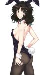  1girl amagami animal_ears ass ass_support back bare_shoulders black_hair bow bowtie breasts brown_pantyhose clenched_teeth cowboy_shot curly_hair detached_collar fake_animal_ears fake_tail grey_eyes highres leotard long_hair looking_at_viewer looking_back looking_to_the_side messy_hair pantyhose playboy_bunny rabbit_ears rabbit_tail red_bow red_bowtie sideboob simple_background small_breasts smile solo strapless strapless_leotard tail takemi_kaoru tanamachi_kaoru teeth wavy_hair white_background 