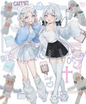  2girls :p animal_shoes black_bow black_skirt blonde_hair blue_eyes blue_jacket blue_nails bow commentary crop_top english_commentary grey_hair halo highres jacket long_hair low_twintails multiple_girls off_shoulder original pink_eyes pleated_skirt rainnchu roblox skirt sleeves_past_elbows thighhighs tongue tongue_out twintails white_jacket white_leg_warmers white_skirt white_thighhighs 