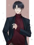  1boy bespectacled black_hair black_jacket border brown_background earrings glasses hand_in_pocket highres jacket jewelry lapels long_sleeves looking_at_viewer male_focus mismatched_earrings natsuki_(naki_zemisei) nijisanji notched_lapels open_clothes open_jacket outside_border parted_bangs parted_lips pendant pillarboxed red_eyes red_sweater round_eyewear short_hair smile solo stud_earrings sweater triangle_earrings turtleneck turtleneck_sweater upper_body virtual_youtuber white_border yumeoi_kakeru 