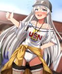  1girl absurdres azur_lane black_headwear black_shorts blurry blurry_background blush bra_strap cabbie_hat clothes_around_waist clothes_pull commentary_request cowboy_shot crotch_seam cutoffs day denim denim_shorts depth_of_field enterprise_(anniversary_ride)_(azur_lane) enterprise_(azur_lane) eyewear_on_headwear flying_sweatdrops grey_eyes grey_hair hand_on_own_hip hat highres jacket jacket_around_waist jewelry long_hair necklace off-shoulder_shirt off_shoulder official_alternate_costume open_mouth outdoors panties partial_commentary print_shirt shirt short_sleeves shorts shorts_pull smile solo sports_panties standing sunglasses sweatdrop t-shirt thumbs_up underwear very_long_hair white_panties white_shirt yellow_jacket zanntetu 
