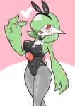  1girl animal_ears arm_at_side bare_shoulders black_bow black_bowtie black_hairband black_leotard blush bob_cut bow bowtie breasts cameltoe cleavage clothed_pokemon colored_skin commentary_request covered_navel covered_nipples detached_collar fake_animal_ears fake_tail gardevoir green_hair green_skin grey_pantyhose hair_over_one_eye hairband hand_up happy heart kazamidoririnn leotard looking_at_viewer medium_breasts multicolored_skin one_eye_covered open_mouth pantyhose personification pink_background playboy_bunny pokemon pokemon_(creature) rabbit_ears rabbit_tail red_eyes shiny_clothes shiny_skin short_hair simple_background smile solo standing strapless strapless_leotard tail thighs traditional_bowtie two-tone_background two-tone_skin variant_set white_skin 