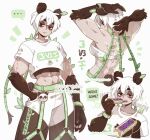  ... 1girl abs animal_ears bakuatsukiyu bamboo biceps breasts brown_eyes closed_mouth collarbone cropped_shirt english_text green_hair large_breasts long_hair looking_at_viewer multicolored_hair muscular muscular_female navel open_mouth original panda_ears panda_girl panda_tail pants shirt short_sleeves solo speech_bubble spoken_ellipsis white_hair white_shirt wristband 