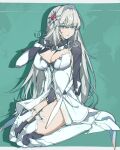  1girl bianca_(punishing:_gray_raven) blue_eyes breasts cleavage dress flower grey_hair hair_flower hair_ornament highres kylin_47 large_breasts long_hair mechanical_legs parted_lips punishing:_gray_raven white_dress 