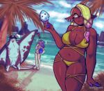  anthro batoid beach belly big_man_(splatoon) bikini clothing female fish food frye_(splatoon) gills grey_body group hi_res humanoid male manta_ray marine navel nintendo palm_tree plant popsicle seaside shiver_(splatoon) speckled_body splatoon stingray swimwear teethflavoured tree trio 