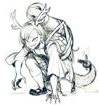  animal_humanoid antlers bodily_fluids candle clothed clothing dragon dragon_humanoid dress duo female feral footwear greyscale grin hair horn humanoid mammal monochrome mustelid otter prehensile_tail reptile reptile_humanoid scalie scalie_humanoid sharp_teeth shell short_hair smile socks space_zin sweat tail teeth touhou turtle_humanoid wraps yachie_kicchou 