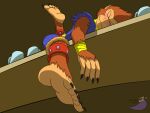  2016 absurd_res anklet anthro bandage barefoot belt black_claws blush breath_of_fire brown_background brown_body brown_fur brown_hair capcom claws clothing cupboard drunk eyes_closed feet finger_claws fur hair haplorhine hi_res humanoid_feet humanoid_hands jewelry lying male mammal monkey mugs plantigrade primate purple_clothing shadow sharp_claws simple_background sleeping smile solo sten_(breath_of_fire) substance_intoxication the_urge_within toe_claws 