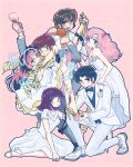  3boys 3girls animal_print black_hair boned_meat bow bowtie breasts bride brown_hair character_request cup dress eating electricity food groom highres jacket long_hair lum meat medium_breasts mendou_shuutarou miyake_shinobu moroboshi_ataru multiple_boys multiple_girls pink_background pink_hair scarf tiger_print urusei_yatsura wedding_dress white_dress white_footwear white_jacket yudemotchi 