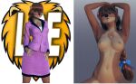  3d_(artwork) accessory anthro braided_hair braided_ponytail brown_body brown_fur chest_tuft clothing digital_media_(artwork) dress dress_shirt female fur hair hair_accessory hair_ribbon hands_behind_head hands_on_hips logo looking_at_viewer mammal max_blackrabbit may_lestoat mustelid musteline nipples nude off/on office_clothing ponytail ribbons shirt short_dress simple_background solo topwear true_musteline tuft weasel whiskers 