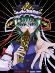  1girl black_background blue_eyes blue_headwear commentary_request frilled_hat frills green_hair hat holding long_sleeves looking_at_viewer oisutalasolosu reaching reaching_towards_viewer rod_of_remorse shiki_eiki short_hair solo touhou upper_body 
