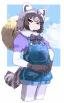  1girl :&gt; alternate_costume animal_ears black_bow black_bowtie black_gloves black_hair blue_background blue_overalls blush_stickers border bow bowtie brown_eyes buttergirl_02 chin_strap cloud commentary_request common_raccoon_(kemono_friends) cropped_legs elbow_gloves fur_collar gloves grey_hair half-closed_eyes hat hat_around_neck highres kemono_friends looking_at_viewer multicolored_hair outside_border overall_shorts overalls own_hands_together pantyhose puffy_short_sleeves puffy_sleeves purple_pantyhose purple_shirt raccoon_ears raccoon_girl raccoon_tail shirt short_sleeves smile solo sparkle straw_hat tail two-tone_gloves v-shaped_eyebrows white_border white_gloves 