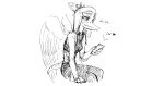  &lt;3 :v anthro blush bottomwear choker clothed clothing dinosaur english_text fang_(gvh) feathered_wings feathers female goodbye_volcano_high hair hi_res jewelry kheltari long_hair long_snout monochrome navel necklace pants phone pterodactylus pterosaur reptile scalie simple_background sitting sketch snoot_game_(fan_game) snout solo text texting torn_bottomwear torn_clothing torn_pants white_background wings 