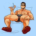  1boy abs bara beard_stubble black_hair black_male_swimwear bulge cocktail_glass crocs cup drinking_glass highres huge_eyebrows large_pectorals lucas_lee male_focus male_swimwear muscular muscular_male navel nipples on_chair pectorals phineart scott_pilgrim_takes_off short_hair sitting smile solo sparse_chest_hair spread_legs sunglasses swim_briefs thick_thighs thighs topless_male unfinished 