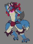  anthro blue_body blue_fur braided_hair bulge chest_tuft clothing ear_piercing ezekiel(huf13) fur generation_4_pokemon grey_background hair hand_on_hip hands_behind_head hi_res jockstrap looking_at_viewer lucario male nintendo piercing pokemon pokemon_(species) simple_background solo tongue tongue_out tuft underwear valnvt 