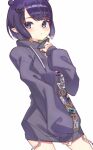  1girl blue_eyes blush breasts highres hololive hololive_english hood hoodie long_sleeves looking_at_viewer ninomae_ina&#039;nis ninomae_ina&#039;nis_(5th_costume) parted_bangs pixie_cut pointy_ears purple_hair purple_hood purple_hoodie short_hair sleeves_past_wrists small_breasts solo swept_bangs tentacle_hair triangle_mouth virtual_youtuber watashishi 