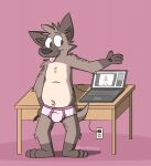  anthro art_program barefoot boxer_briefs briefs briefs_only brown_body brown_fur brown_nose brown_table clothed clothing electrical_outlet feet fur furniture hi_res hyena laptop_computer male mammal mushketeery mushy_(mushketeteery) pink_background pink_briefs pink_clothing pink_underwear power_cord shadow signature simple_background smile solo table tongue tongue_out topless underwear underwear_only 