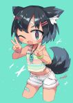  1girl :3 animal_ear_fluff animal_ears bandaid bandaid_on_arm bandaid_on_face bandaid_on_forehead bandaid_on_leg black_eyes black_hair blush bracelet breasts cropped_legs double_v fang fish_pendant green_eyes hair_ornament hairclip highres jewelry looking_at_viewer midriff nanatsuta navel one_eye_closed open_mouth original pendant red_pupils short_hair short_shorts shorts simple_background small_breasts solo tail tank_top v white_shorts x_hair_ornament 