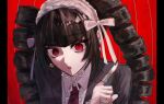  1girl :o black_jacket black_nails blunt_bangs brown_hair celestia_ludenberg center_frills collared_shirt danganronpa:_trigger_happy_havoc danganronpa_(series) drill_hair earrings frills hand_up highres index_finger_raised jacket jewelry long_hair maid_headdress nail_polish necktie not_l0ss open_clothes open_jacket pillarboxed red_background red_eyes red_necktie shirt solo teeth twin_drills twintails upper_teeth_only white_shirt 