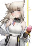  1girl :q absurdres animal_ears arknights arknights:_endfield black_gloves blonde_hair blue_eyes breasts commentary_request dress food gloves highres ice_cream long_hair medium_breasts perlica_(arknights) solo tab_head tongue tongue_out white_dress 