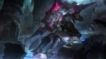  1girl 2boys :d absurdres ahoge armor armpits blue_cape breasts briar_(league_of_legends) cape chain chained chained_wrists english_commentary feet fingernails gloves grey_eyes hair_between_eyes hands_up hat helmet highres hozure kneehighs league_of_legends medium_breasts multicolored_hair multiple_boys official_art pillar pillory pink_hair pointy_ears ruins sharp_fingernails sharp_teeth shiny_skin sitting sitting_on_stairs sleeveless smile socks soldier solo_focus stairs teeth toeless_footwear toenails toes two-tone_hair vampire white_hair wrist_cuffs 