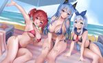  3girls absurdres aegis_(nikke) ahoge anchor_(nikke) arm_support bikini black_hair blue_bikini blue_eyes blue_hair blue_ribbon blue_sailor_collar blue_skirt braid breasts cleavage fang french_braid goddess_of_victory:_nikke graynacht hair_ornament hair_ribbon hands_on_own_thighs helm_(aqua_marine)_(nikke) helm_(nikke) highres large_breasts light_blue_hair long_hair mast_(a_pirate&#039;s_heart)_(nikke) mast_(nikke) multicolored_hair multiple_girls ocean open_mouth outdoors pink_eyes pink_hair ribbon sailor_collar sand short_twintails sitting skin_fang skirt skull_choker skull_hair_ornament skull_print sky smile streaked_hair swimsuit twintails 