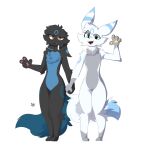  2023 3_toes 4_fingers anonymous_artist anthro black_body black_fur black_nose blue_body blue_fur cream_(umbreon) duo eeveelution feet fingers fur generation_2_pokemon green_eyes grey_body grey_fur hand_holding hi_res looking_at_viewer male nilo_(umbreon) nintendo open_mouth pawpads paws pokemon pokemon_(species) simple_background teeth toes tongue umbreon wave white_background white_body white_fur yellow_eyes 