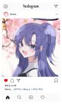  1girl blue_archive blurry blurry_background blush casual character_name fake_screenshot halo happy_anniversary hashtag highres instagram korean_text looking_at_viewer outdoors portrait purple_eyes purple_hair seno_(senohime) smile solo upper_body when_you_see_it yuuka_(blue_archive) 