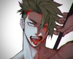  1boy achilles_(fate) blood blood_in_hair blood_on_face chromatic_aberration fate/apocrypha fate_(series) grey_background haruakira highres holding holding_polearm holding_weapon male_focus muscular muscular_male nosebleed open_mouth polearm portrait short_hair solo teeth tongue tongue_out topless_male undercut upper_teeth_only weapon weapon_behind_back 