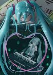  1girl absurdres analog_clock aqua_eyes aqua_hair aqua_necktie bare_shoulders bkni_11 black_skirt black_sleeves character_name clock commentary_request detached_sleeves grey_shirt hair_between_eyes hatsune_miku hatsune_miku_expo headphones headset highres instrument keyboard_(instrument) light_smile long_hair music necktie playing_instrument pleated_skirt roman_numeral shirt skirt sleeveless sleeveless_shirt smile solo thighhighs twintails very_long_hair vocaloid 