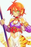  1girl animal_ears breasts breath_of_fire breath_of_fire_ii bustier cat_ears cleavage facial_mark gloves green_eyes highres holding holding_polearm holding_weapon looking_at_viewer navel orange_hair pointy_ears polearm rinpoo_chuan short_hair simple_background solo weapon white_background yosaku_(roach) 