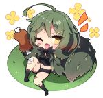  1girl ;d ahoge bandaid bandaid_on_leg black_bow black_camisole black_shorts black_socks blush boned_meat bow breasts camisole chibi commentary_request deviljho drooling fang flower food full_body green_hair hair_between_eyes hair_ornament hairclip highres holding holding_food hood hood_down looking_at_viewer meat medium_breasts milkpanda monster_hunter_(series) mouth_drool navel no_shoes notice_lines on_grass one_eye_closed personification short_eyebrows short_shorts shorts simple_background smile socks solo spikes tail thick_eyebrows white_background yellow_eyes yellow_flower 