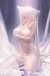  1girl animal_ears blush breasts cat_ears closed_mouth covered_nipples flower futoshi_ame highres kneeling large_breasts long_hair looking_at_viewer navel nude original pink_eyes rose self_hug smile solo veil white_flower white_hair white_rose 