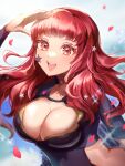  1girl arm_up breasts cleavage commentary_request facial_mark fire_emblem fire_emblem_engage highres large_breasts red_eyes red_hair solo star_(symbol) upper_body youhei_choregi yunaka_(fire_emblem) 