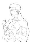  1boy bangultoma33657 bara blush from_side grabbing greyscale heart highres large_pectorals male_focus monochrome motion_lines muscular muscular_male nude one_piece pectoral_grab pectorals roronoa_zoro short_hair sideburns solo upper_body 