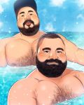  2boys :p bara beach beard blue_sky blush chest_hair commission couple daisukebear eyebrow_piercing facial_hair hair_slicked_back highres large_pectorals long_mustache looking_at_viewer male_focus mature_male multiple_boys muscular muscular_male nude original partially_submerged pectorals piercing plump realistic receding_hairline short_hair sky thick_eyebrows thick_mustache tongue tongue_out water yaoi 