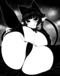  1girl animal_ears blunt_bangs blush bow braid breasts cat_ears cat_girl cat_tail cleavage closed_mouth commentary_request curvy extra_ears feet_out_of_frame greyscale hair_bow haseru_(ginku_mh) huge_breasts kaenbyou_rin looking_at_viewer monochrome multiple_tails nekomata panties pointy_ears side_braid sidelocks solo spread_legs tail thighhighs touhou two_tails underwear 