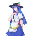  1girl absurdres averageairhead black_headwear blue_hair blue_skirt bow bowtie breasts closed_mouth commentary commission english_commentary full_body hand_on_own_chest highres hinanawi_tenshi long_hair looking_at_viewer peach_hat_ornament red_bow red_bowtie red_eyes short_sleeves sidelocks simple_background skirt smile solo touhou white_background 